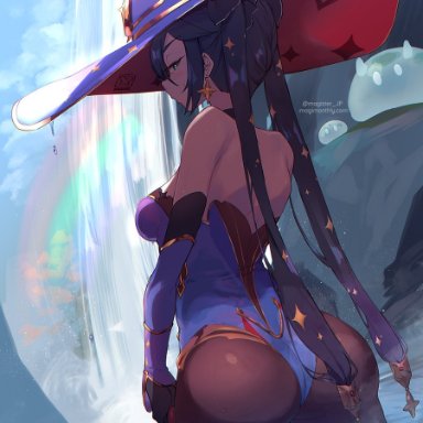 genshin impact, mona (genshin impact), magister (bigbakunyuu), 1girls, ass, ass focus, ass shot, back, back view, black hair, breasts, bubble butt, female, female only, hat