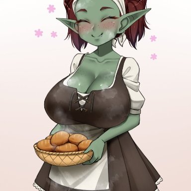 twrlare, 1girls, :), big breasts, blush, bread, brown hair, cleavage, closed eyes, female, female only, food, freckles, goblin, goblin female