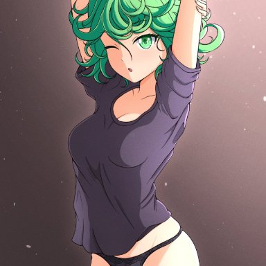 one-punch man, tatsumaki, jay flare, 1girls, armpits, breasts, green eyes, green hair, panties, short hair, small breasts, underwear