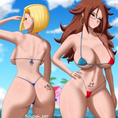 dragon ball, dragon ball fighterz, dragon ball z, shounen jump, android 18, android 21, ausoh, 2girls, almost naked, ass, bare arms, bare ass, bare back, bare breasts, bare legs