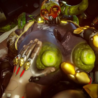 blizzard entertainment, overwatch, bob (overwatch), doomfist, omnic, orisa, snips456, snips456fur, beaten, big breasts, big nipples, black skin, bumpy areola, cum, cum on body