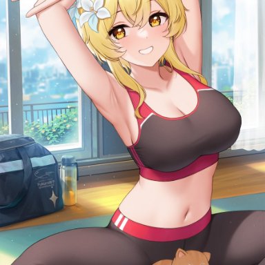 genshin impact, lumine (genshin impact), fukuro ko (greentea), 1female, big breasts, blonde hair, curvaceous, curvy body, curvy female, female focus, female only, gym uniform, long hair, looking at viewer, milf