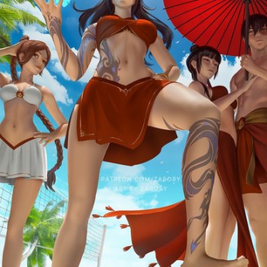 avatar the last airbender, aang, azula, katara, mai (avatar), sokka, toph bei fong, ty lee, zuko, zarory, 3boys, 5girls, 6girls,  clothed male, areolae