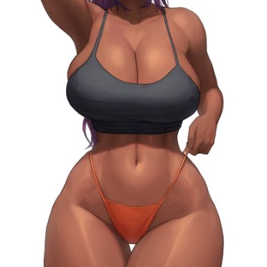 shihouin yoruichi, superbusty, 1girls, big breasts, dark-skinned female, female only, hand on head, huge breasts, looking at viewer, midriff, navel, nipple bulge, ponytail, purple hair, solo female