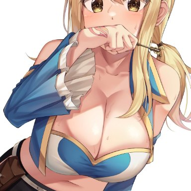 fairy tail, lucy heartfilia, amagi korona, 1girls, bare shoulders, blonde hair, breasts, cleavage, detached sleeves, hair ornament, holding, holding object, huge breasts, long hair, looking at viewer