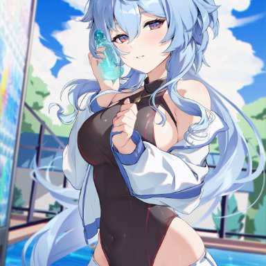 genshin impact, ganyu (genshin impact), houk1se1, houkiboshi (mmjw7432), big breasts, blue eyes, breasts, clothed, clothed female, horns, light blue hair, long hair, sleeves, swimsuit, thick thighs