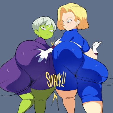 dragon ball, dragon ball super, dragon ball super super hero, dragon ball z, shounen jump, android 18, cheelai, barrybbeesly, 2girls, armwear, ass, ass focus, ass slap, big ass, blonde hair