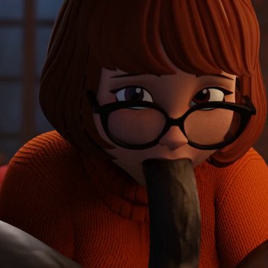 scooby-doo, velma dinkley, rougenine, 1boy, 1girls, big breasts, blowjob, brown eyes, clothing, dark-skinned male, dark skin, fellatio, female, glasses, looking at viewer