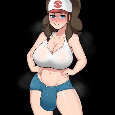 game freak, nintendo, pokemon, pokemon (game), pokemon bw, hilda (pokemon), g3mma, 1futa, big breasts, black background, blue eyes, blush, breasts, bulge, clothed