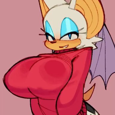 sonic (series), sonic the hedgehog (series), rouge the bat, kumbomb, wamudraws, anthro, anthro only, big breasts, breasts, lift shirt, red turtleneck, shirt lift, shirt lifted by self, turtleneck, turtleneck lift