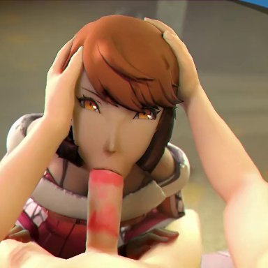 persona, persona 3, yukari takeba, amateurthrowaway, ameafterdark, 1girls, :&gt;=, big penis, blowjob, brown hair, deepthroat, eye contact, female, golden eyes, head grab