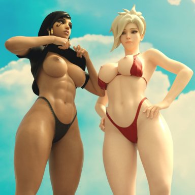 overwatch, mercy, pharah, johntwo, 2girls, beach, big breasts, bikini, black hair, blonde, blonde female, blonde hair, breasts, brown eyes, butt