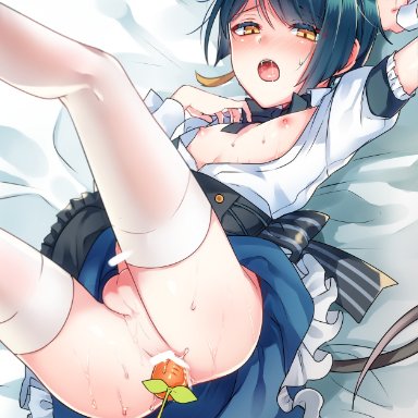 genshin impact, xingqiu (genshin impact), kokuchuutei, 1boy, ahoge, anal, anal object insertion, animal ears, ass, blue hair, carrot, earrings, femboy, girly, jewelry