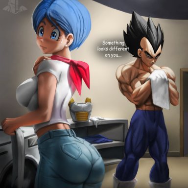 dragon ball, dragon ball super, shounen jump, bulma briefs, vegeta, elitenappa, 1boy, 1girls, abs, armor, ass, big ass, black hair, blue hair, blush