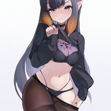 hololive, hololive english, ninomae ina'nis, takodachi, koahri, 1girls, :3, bare midriff, blush, bra, choker, drawing, elf ears, eyebrows visible through hair, female