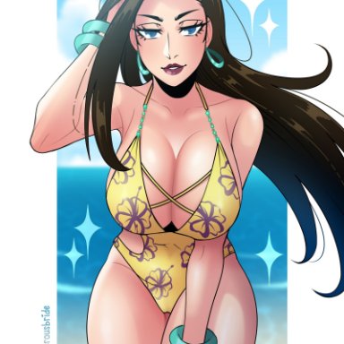 battle tendency, jojo's bizarre adventure, lisa lisa, dangerousbride, 1girls, armwear, big breasts, black hair, blue eyes, bracelet, bracelets, breasts, cleavage, ear piercing, earrings