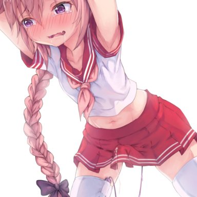 fate/apocrypha, fate/grand order, fate (series), astolfo (fate), jack rockhardt, 1boy, armpit peek, astolfo (sailor paladin) (fate), bent over, blush, bow, braid, braided ponytail, crossed arms, cum