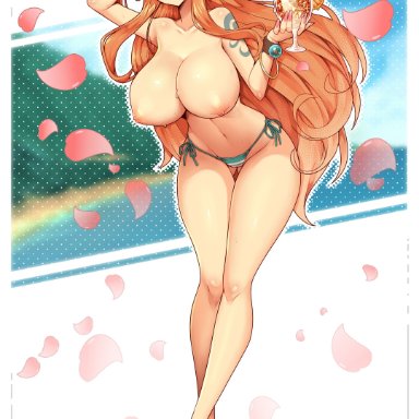 one piece, nami, virus-g, 1girls, areolae, beach, breasts, huge breasts, long hair, looking at viewer, navel, nipples, no bra, orange eyes, orange hair