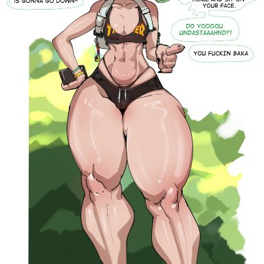 one-punch man, tatsumaki, streachybear, 1girls, abs, angry, blush, earrings, eye contact, female, female only, flat chest, green eyes, green hair, looking back