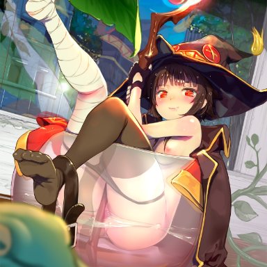 megumin, mikazuki akira, 1girls, alcohol, asymmetrical legwear, bandages, belt, black panties, blush, breasts, brown hair, cape, drunk, feet, female