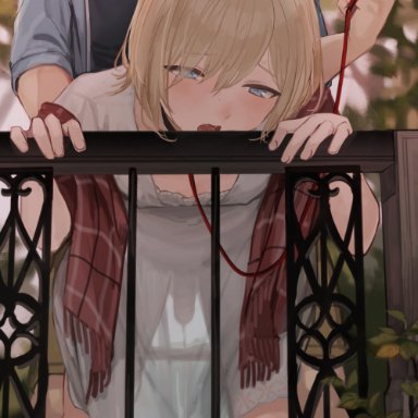 original, sunaba (nczd5875), 2boys, bent over, blonde hair, blue eyes, clothed sex, collar, crossdressing, dress, femboy, girly, hair between eyes, holding, holding leash