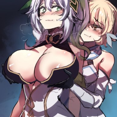 genshin impact, lumine (genshin impact), nahida (genshin impact), hinghoi, 2girls, aged up, big breasts, blonde hair, breast grab, breasts, female, female only, gold eyes, green eyes, groping