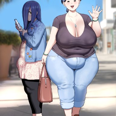 chiyo (fellatrix), mio (fellatrix), fellatrix, 2girls, big breasts, blue hair, bracelet, casual clothes, chubby, chubby female, cleavage, cute, daughter, demon, denim