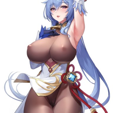 genshin impact, ganyu (genshin impact), weni, ass, bangs, bare back, bare shoulders, bell, big ass, big breasts, blue hair, blush, bodystocking, bodysuit, breasts