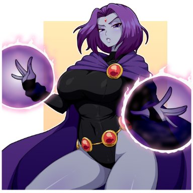 dc, dc comics, teen titans, rachel roth, raven, raven (dc), simmsy, 1girls, big breasts, blush, blushing, breasts, busty, cape, curvaceous