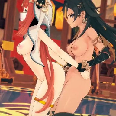 genshin impact, dehya (genshin impact), nilou (genshin impact), nyanify, 1girls, 1other, black hair, breasts, dark-skinned futanari, futa on female, futanari, large breasts, long hair, nipples, red hair