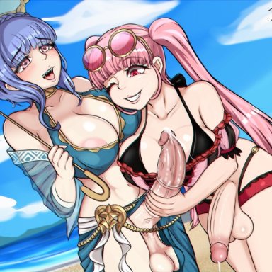 fire emblem, fire emblem: three houses, fire emblem heroes, nintendo, hilda valentine goneril, marianne von edmund, atelierikarei, ikarei, niseruhito, 2futas, alternate costume, areolae, balls, bangs, beach