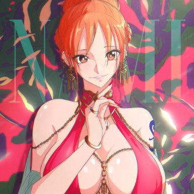 one piece, nami, opalisart, big breasts, long hair, orange hair, solo female