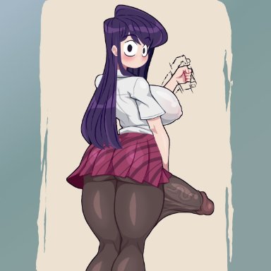 komi-san wa komyushou desu, komi shouko, purplehorn (artist), 1futa, back, back view, big breasts, big penis, blush, breasts, bulge, clothed, clothing, erection, erection under clothes