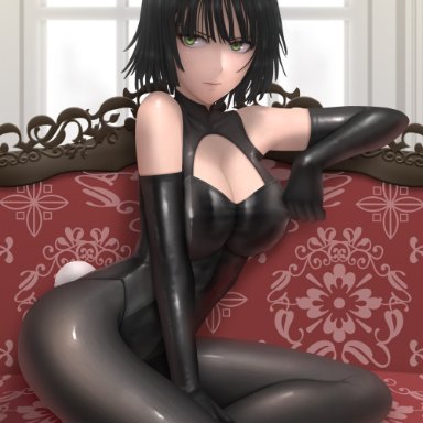 one-punch man, fubuki (one-punch man), siraha, 1girls, arm up, ass, bangs, bare shoulders, belly, big ass, big breasts, big butt, black gloves, black leotard, black pantyhose