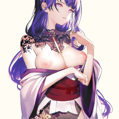 genshin impact, raiden shogun, iumu, arm under breasts, ass visible through thighs, between breasts, braid, braided ponytail, breasts, breasts out, cameltoe, cowboy shot, female, flower, groin