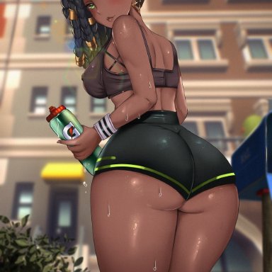 league of legends, senna (league of legends), noiretox, 1girls, ass, asymmetrical hair, black hair, booty shorts, breasts, brown skin, dark-skinned female, dark skin, female, female only, green eyes