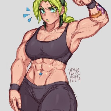 jojo's bizarre adventure, stone ocean, jolyne kujo, !girls, abs, arm band, armband, belly, belly button, belly button piercing, belly piercing, big breasts, breasts, buns, butterfly tattoo