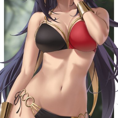 genshin impact, mihoyo, dehya (genshin impact), yabacha, 1girls, animal ears, belly button, big breasts, bikini, black hair, blue eyes, breasts, cleavage, earrings, female