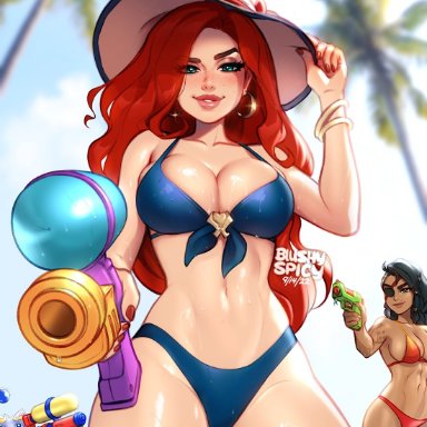 league of legends, pool party series, miss fortune, samira (league of legends), yuumi (lol), blushypixy, bikini, bra, dark-skinned female, female, female focus, female only, female pirate, large breasts, light-skinned female