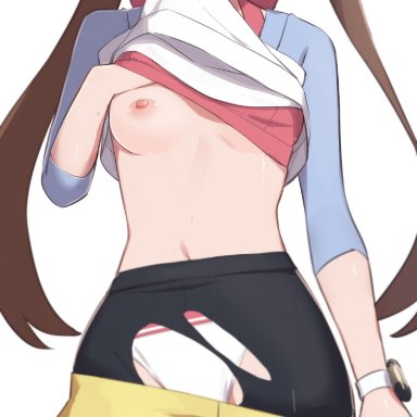 pokemon, rosa (pokemon), morisobo, biting, biting clothes, blue shirt, bow, bra, bra lift, breasts, brown hair, clothes lift, covering, covering one breast, head out of frame