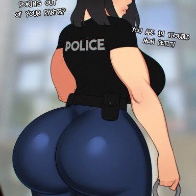 original, original character, foxicube, 1girls, ass, female, female only, looking at viewer, looking back, police, solo, english text, text, thicc french policewoman