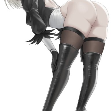 nier, nier: automata, nier (series), yorha 2b, kuronerinka, 1girls, android, android girl, ass, big ass, blindfold, blindfolded, bob cut, boots, bow