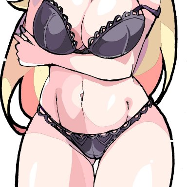 nintendo, pokemon, pokemon dppt, cynthia (pokemon), enpe, 1girls, blonde hair, bra, breasts, cleavage, female, female only, hair over one eye, hips, huge breasts