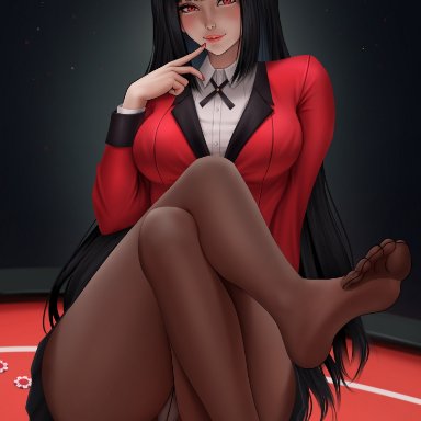 kakegurui, jabami yumeko, arduina, 1girls, ass, big breasts, black hair, black legwear, black pantyhose, blush, calves, clothed, crossed legs, eyelashes, feet