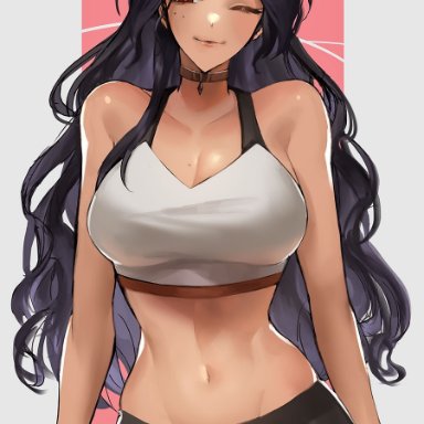 nijisanji, nijisanji en, scarle yonaguni, tommietomm, 1female, big breasts, curvaceous, curvy body, curvy female, curvy figure, fit female, gym clothes, long hair, looking at viewer, milf