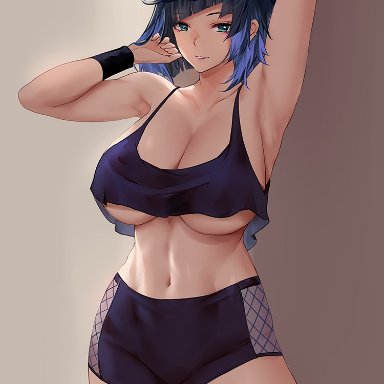 genshin impact, yelan (genshin impact), azto dio, 1female, 1girls, armpits, big breasts, bulge through clothing, bulging breasts, busty, crop top, curvaceous, curvy, curvy body, curvy figure