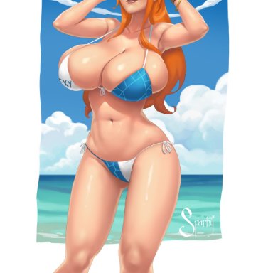 one piece, one piece film gold, shounen jump, nami, sparky.girlsart, 1girls, almost naked, bikini, female, female only, ginger, half naked, huge breasts, light-skinned female, light skin