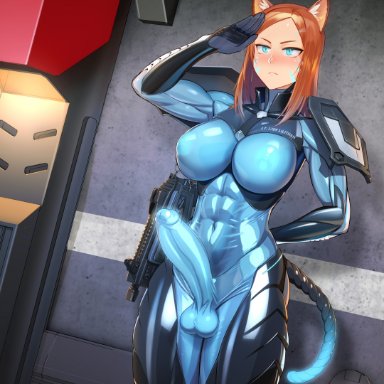 lilithan, nisetanaqa, 1futa, abs, animal ears, areolae, areolae visible through clothing, armor, big breasts, big penis, blue eyes, blush, bodysuit, breasts, catgirl