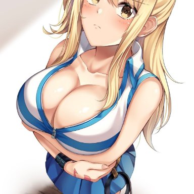 fairy tail, lucy heartfilia, amagi korona, 1girls, arms under breasts, blonde hair, blush, breasts, cleavage, collarbone, crossed arms, hair ornament, huge breasts, lasso, long hair