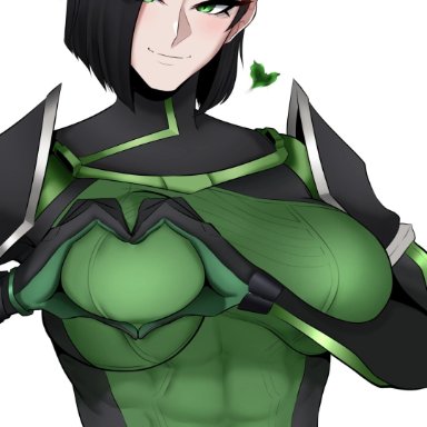 valorant, viper (valorant), jso, jso 11232, 1girls, abs, armor, big breasts, bursting breasts, green eyes, hair over one eye, heart, huge breasts, looking at viewer, muscles